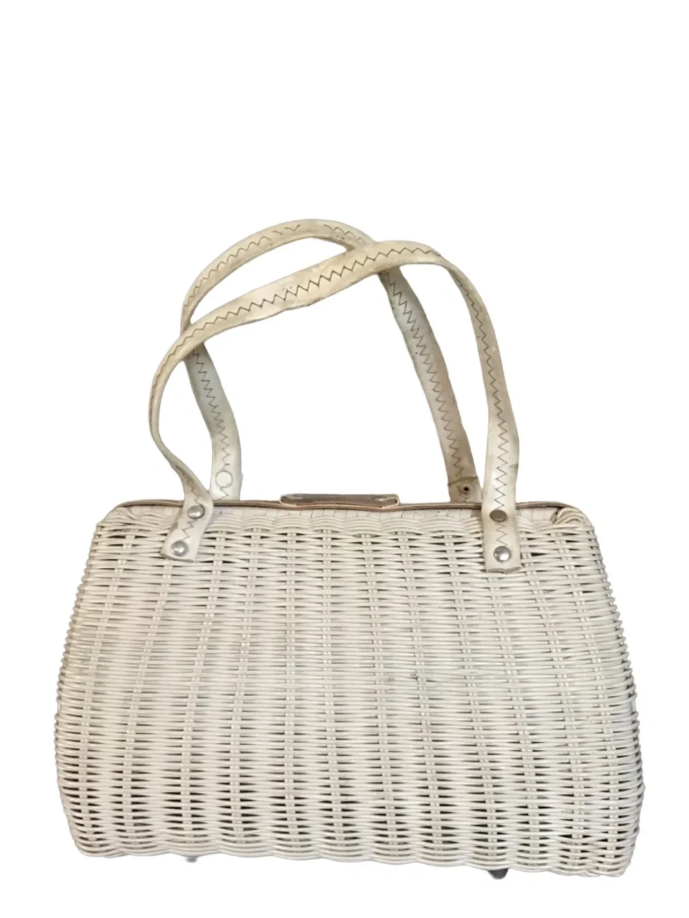 VINTAGE 1960'S STYLED BY BOUNTY WHITE WICKER WITH MAUVE & GRAY FAUX SUEDE BAG